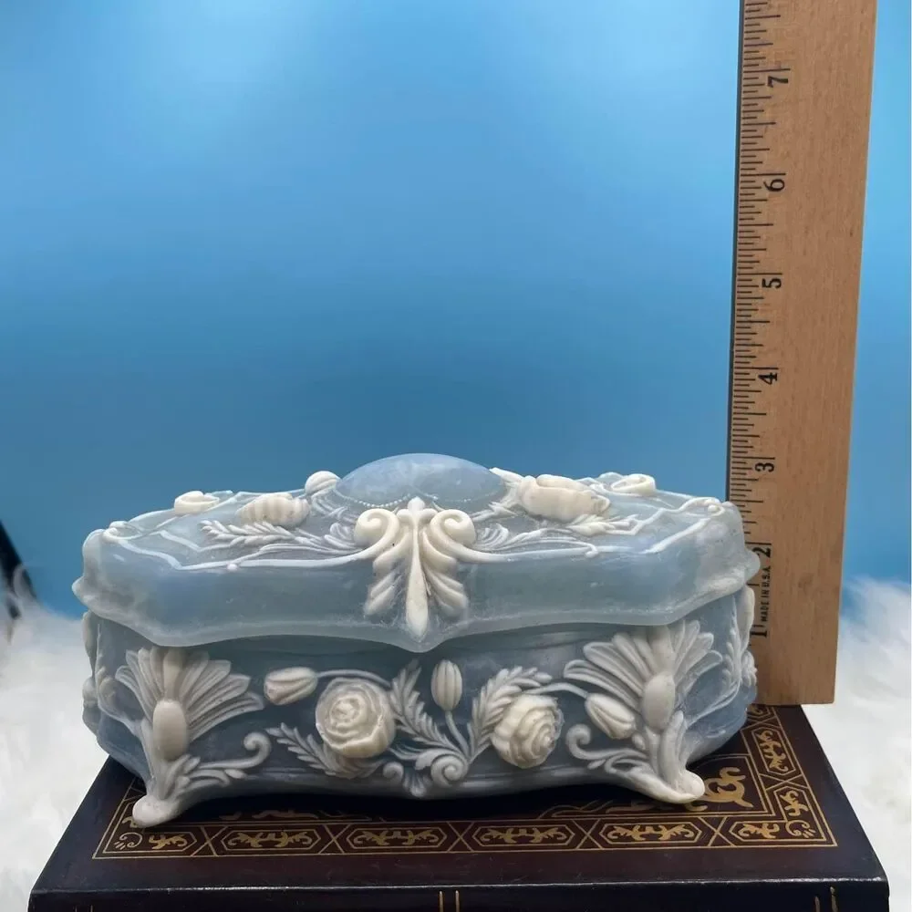Incolay - Handcraft Genuine Light Blue Stone Box, Rose & Bows